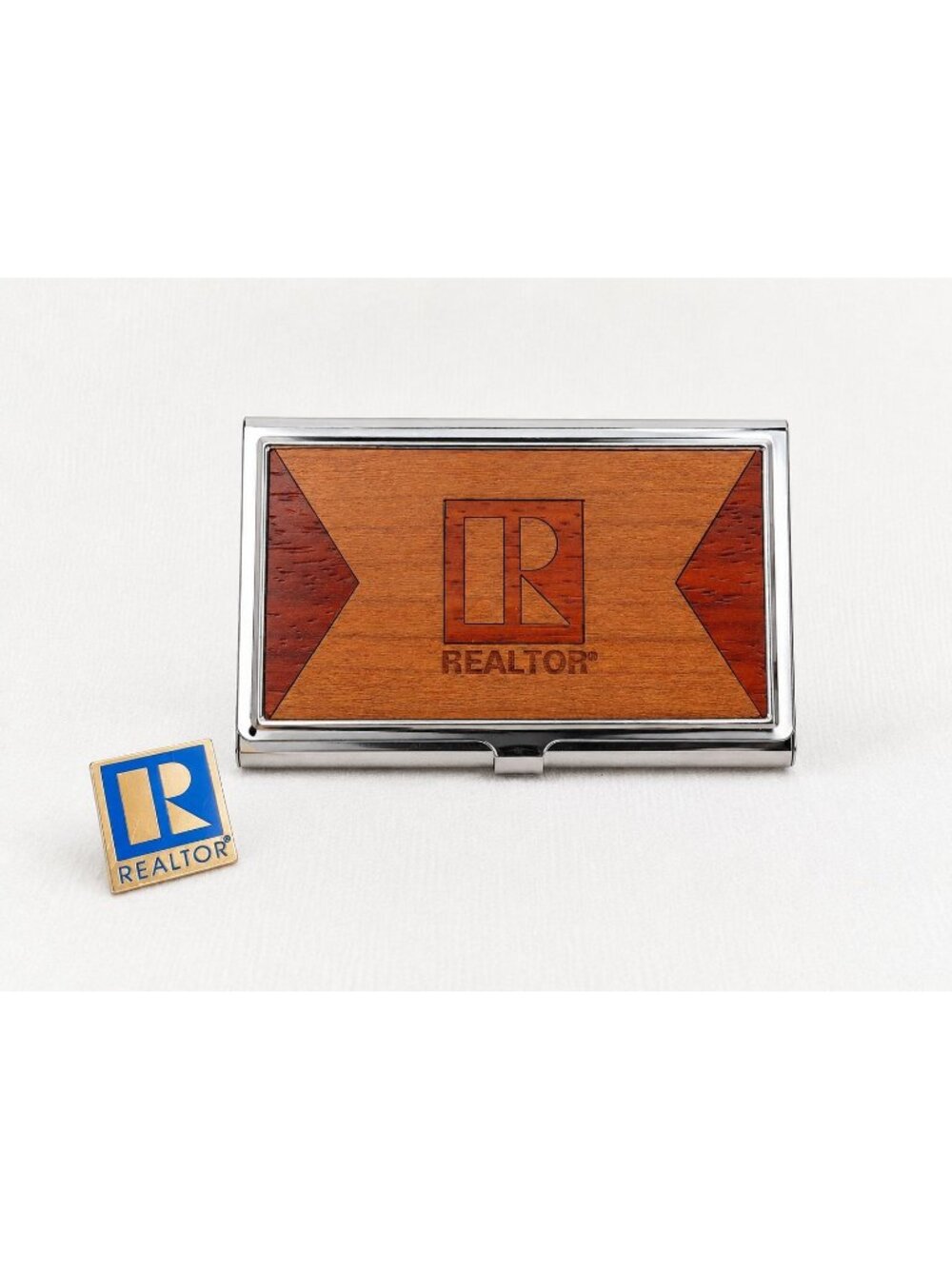 Realtor Business Card Holder Wood Metal Case & Enamel Realtor Logo Lapel Pin